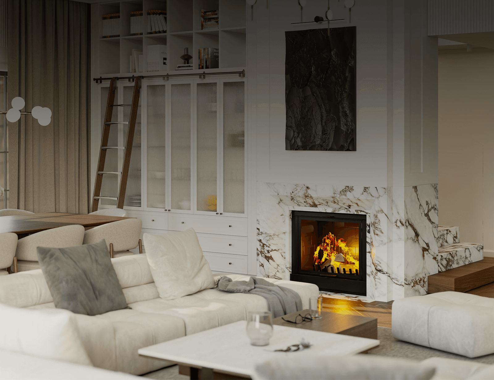 Zdjęcie jasnego salonu z kominkiem